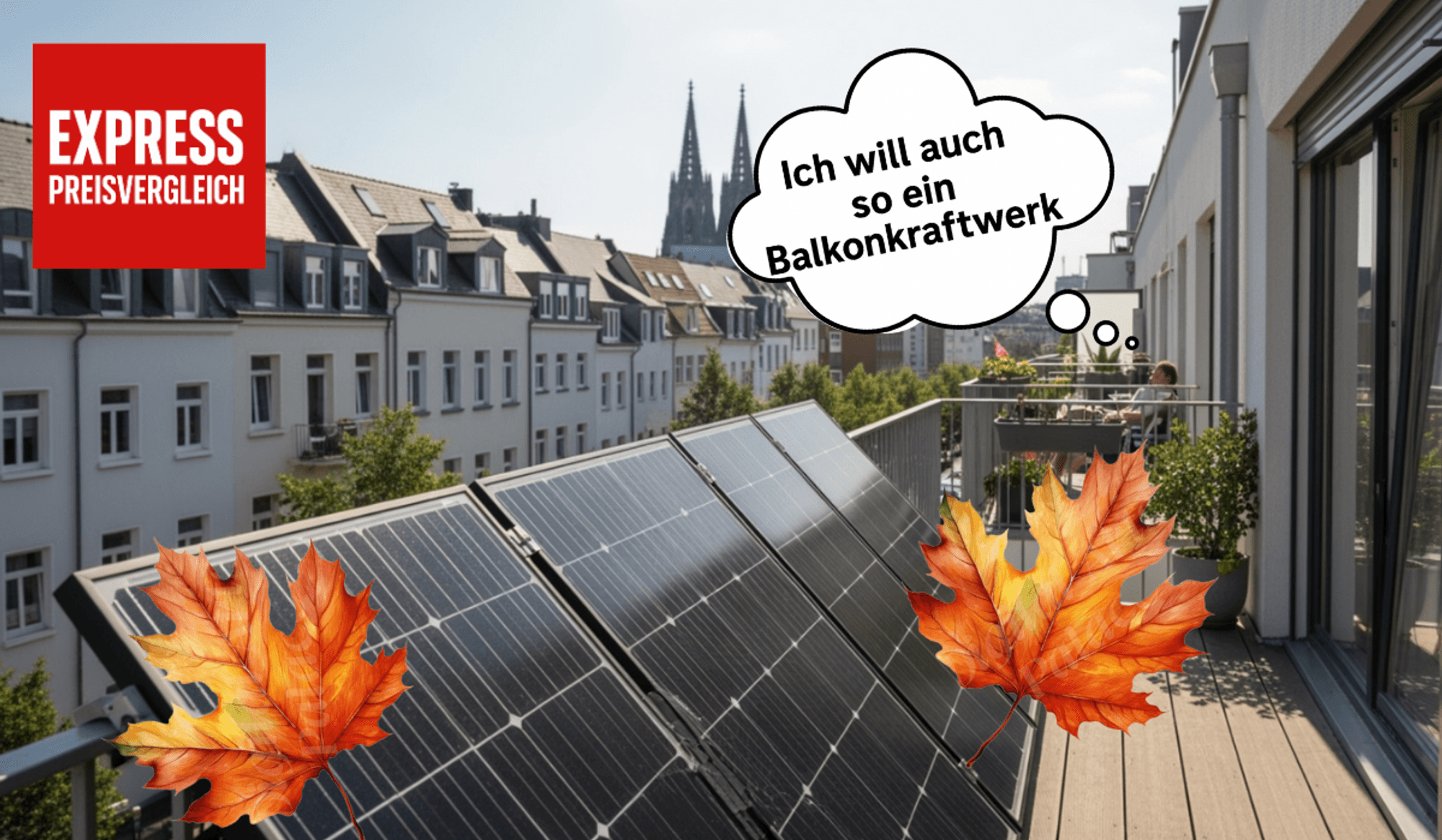 Ein Balkonkraftwerk an einem Balkongeländer angebracht, im Hintergrund an der Skyline der Kölner Dom zu sehen.