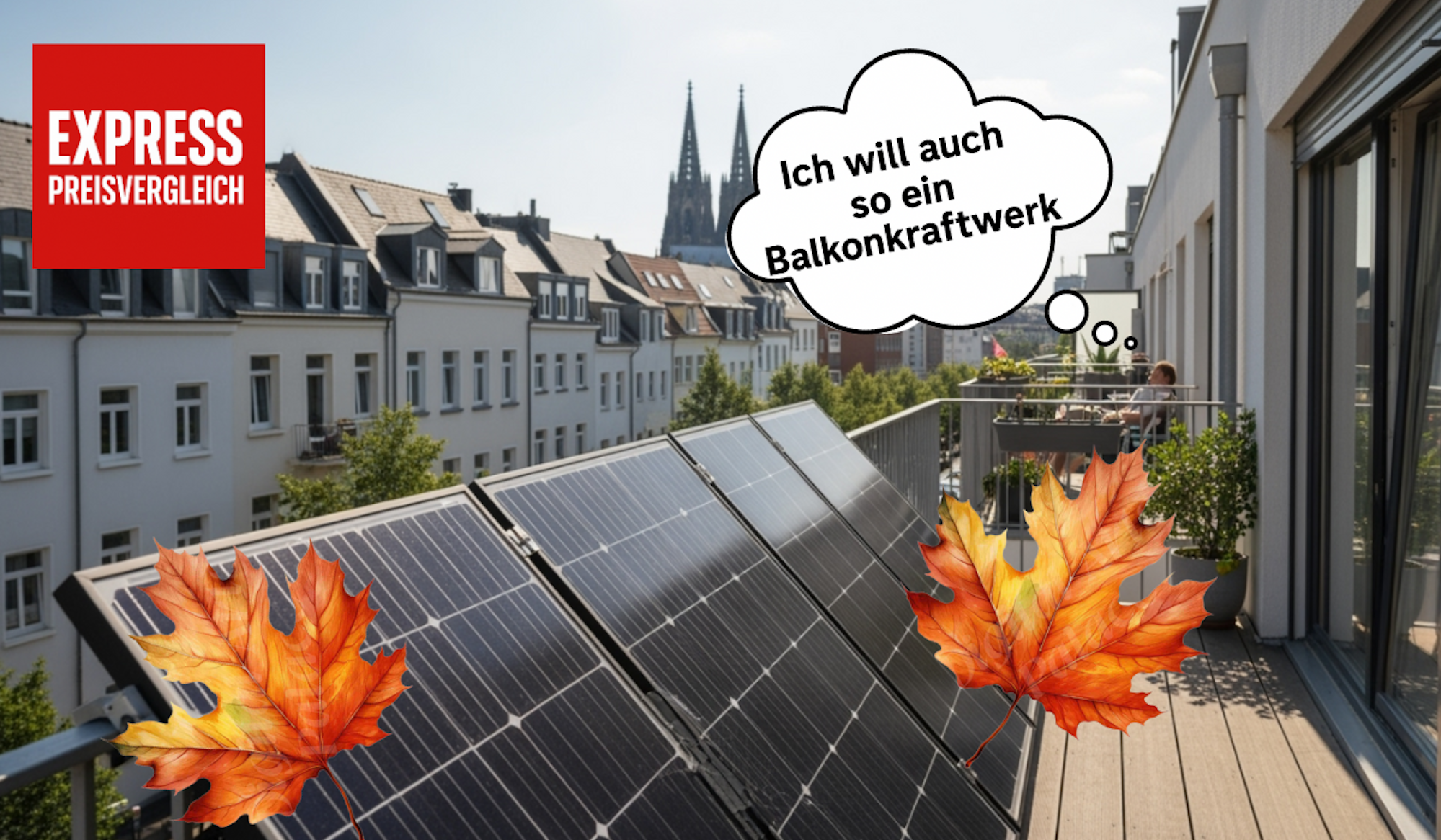 Ein Balkonkraftwerk an einem Balkongeländer angebracht, im Hintergrund an der Skyline der Kölner Dom zu sehen.