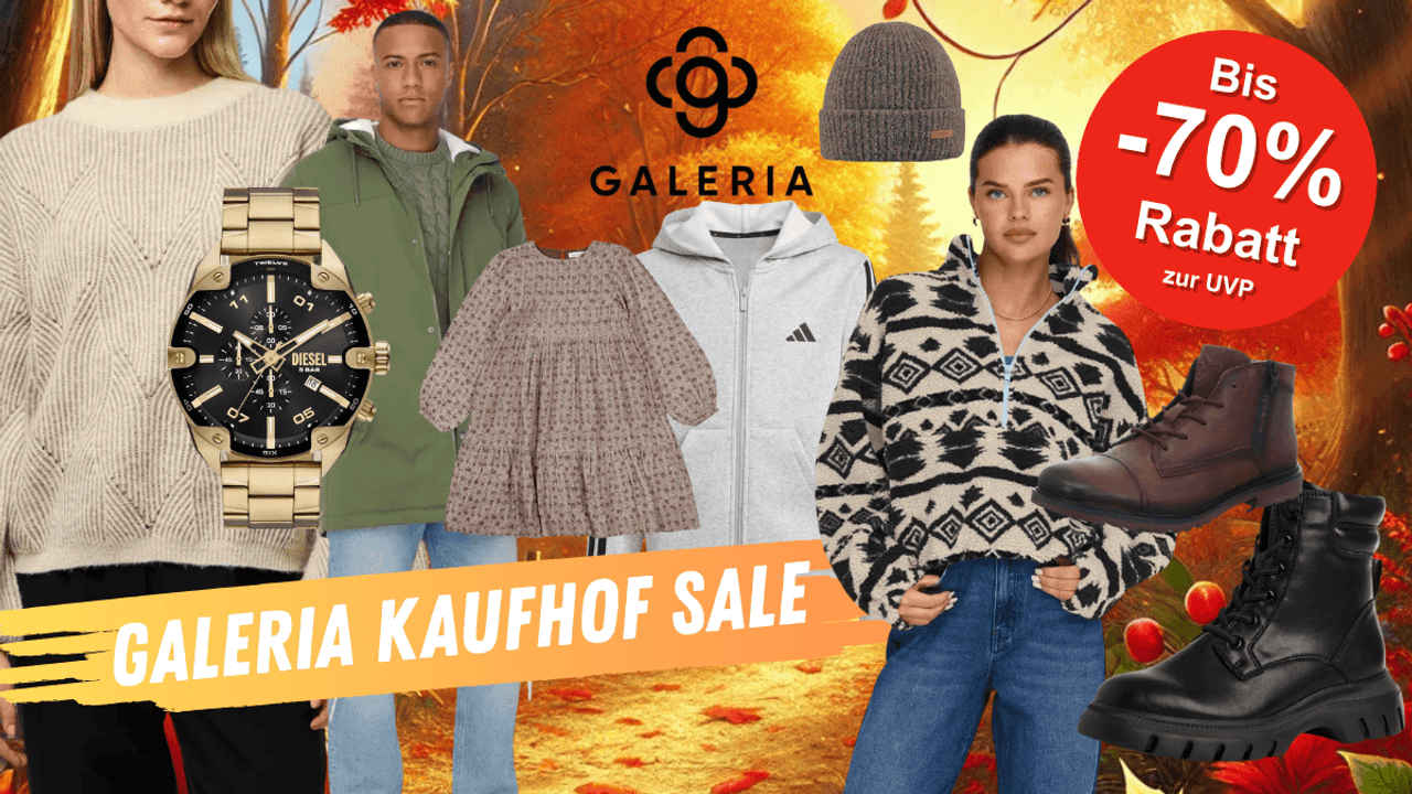 Verschiedene Kleidungsstücke sind vor einem herbstlichen Hintergrund platziert.