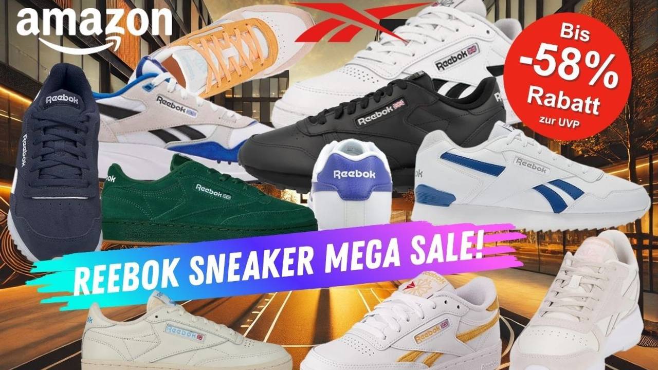 Reebok Sneaker wie Classic Leather, Club C Revenge oder Club C85 in verschiedenen Designs vor einem urbanem Basketballplatz in einer Innenstadt mit Glasfassaden in der Abendsonne.
