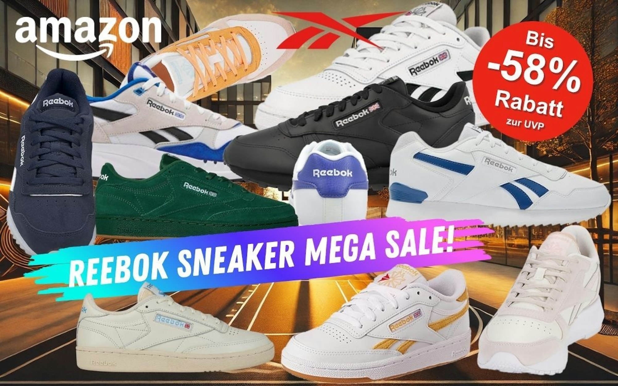 Reebok Sneaker wie Classic Leather, Club C Revenge oder Club C85 in verschiedenen Designs vor einem urbanem Basketballplatz in einer Innenstadt mit Glasfassaden in der Abendsonne.