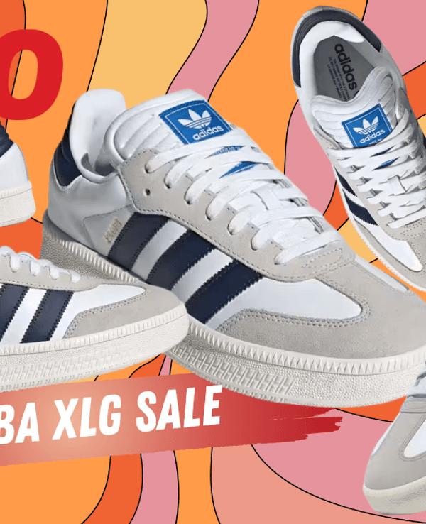 Auf dem Bild ist auf einem bunten Hintergrund der Samba xlg von adidas zu sehen