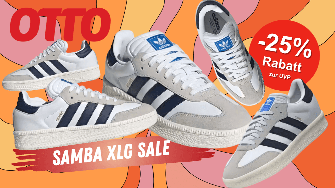 Auf dem Bild ist auf einem bunten Hintergrund der Samba xlg von adidas zu sehen