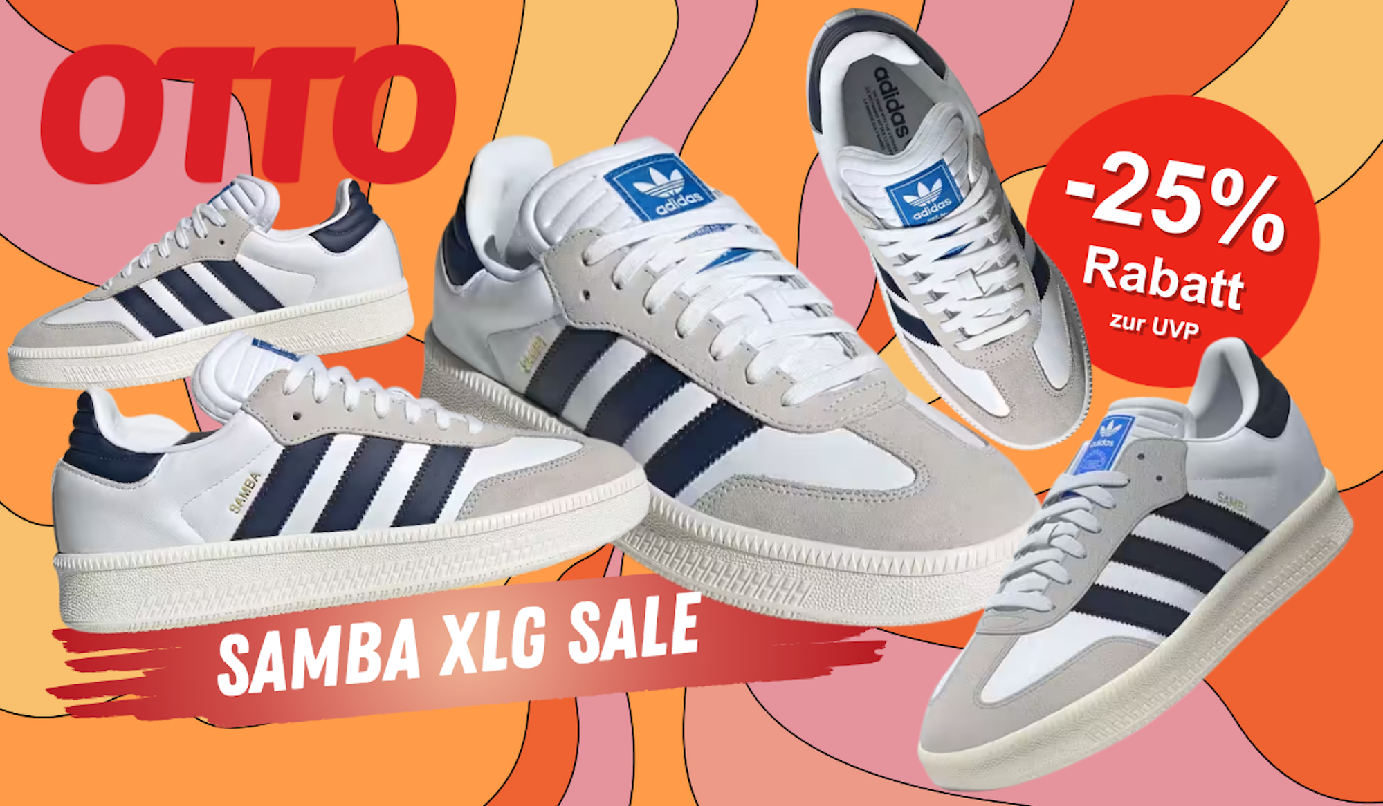 Auf dem Bild ist auf einem bunten Hintergrund der Samba xlg von adidas zu sehen