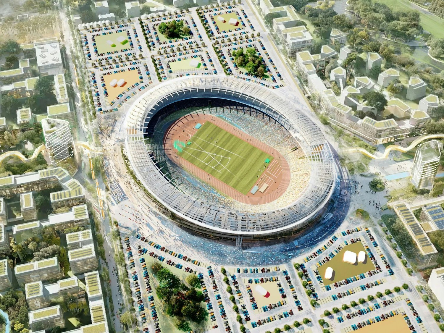 Visualisierung des Leichtathletikstadions mit umliegendem Olympischen Dorf für die Bewerbung NRWs.