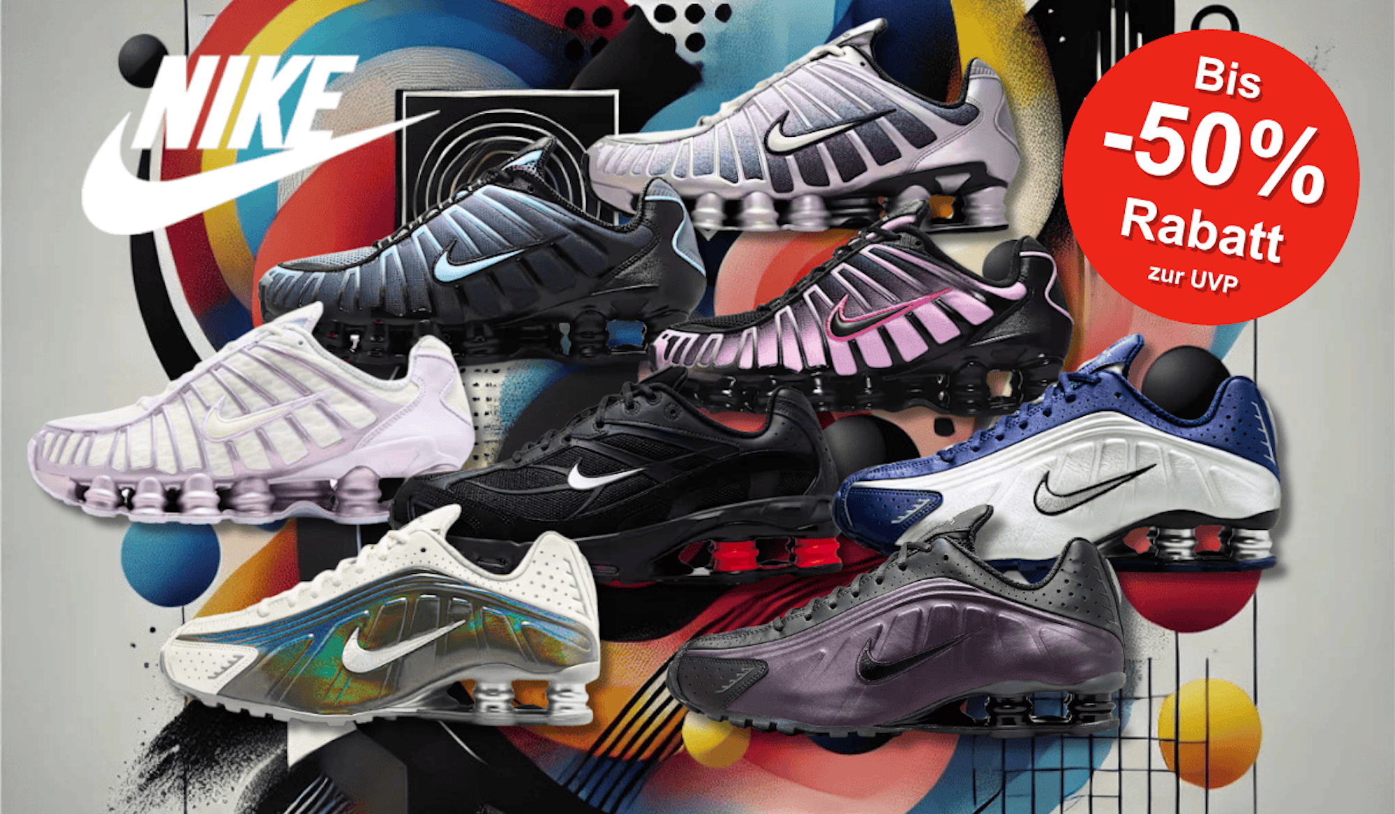 Verschiedener Nike Shox Sneaker in unterschiedlichen Farben und Designs, vor einem dynamisch-grafischen Hintergrund mit Kreisen und Farbverläufen.