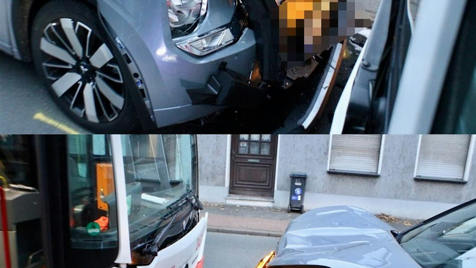 Ein Auto und ein Linienbus nach einer Kollision.