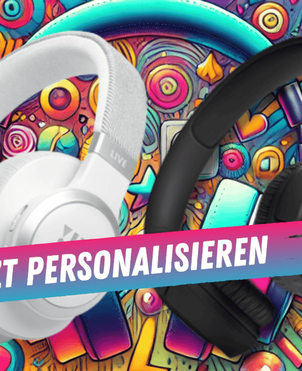 Zwei JBL Kopfhörer – einer in Weiß (JBL Tune 520) und einer in Schwarz (JBL Tune 520) – vor einem farbenfrohen, musikalischen Hintergrund.