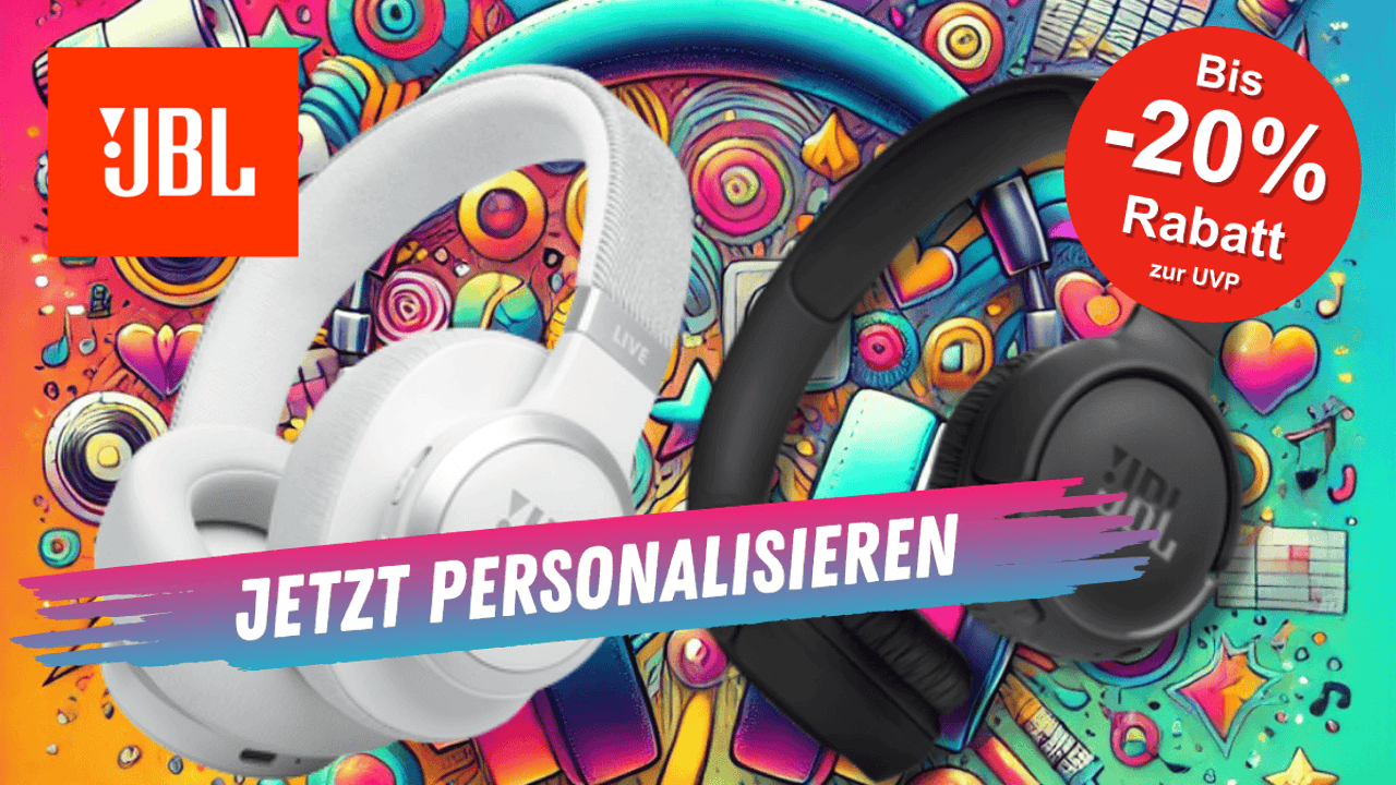Zwei JBL Kopfhörer – einer in Weiß (JBL Tune 520) und einer in Schwarz (JBL Tune 520) – vor einem farbenfrohen, musikalischen Hintergrund.