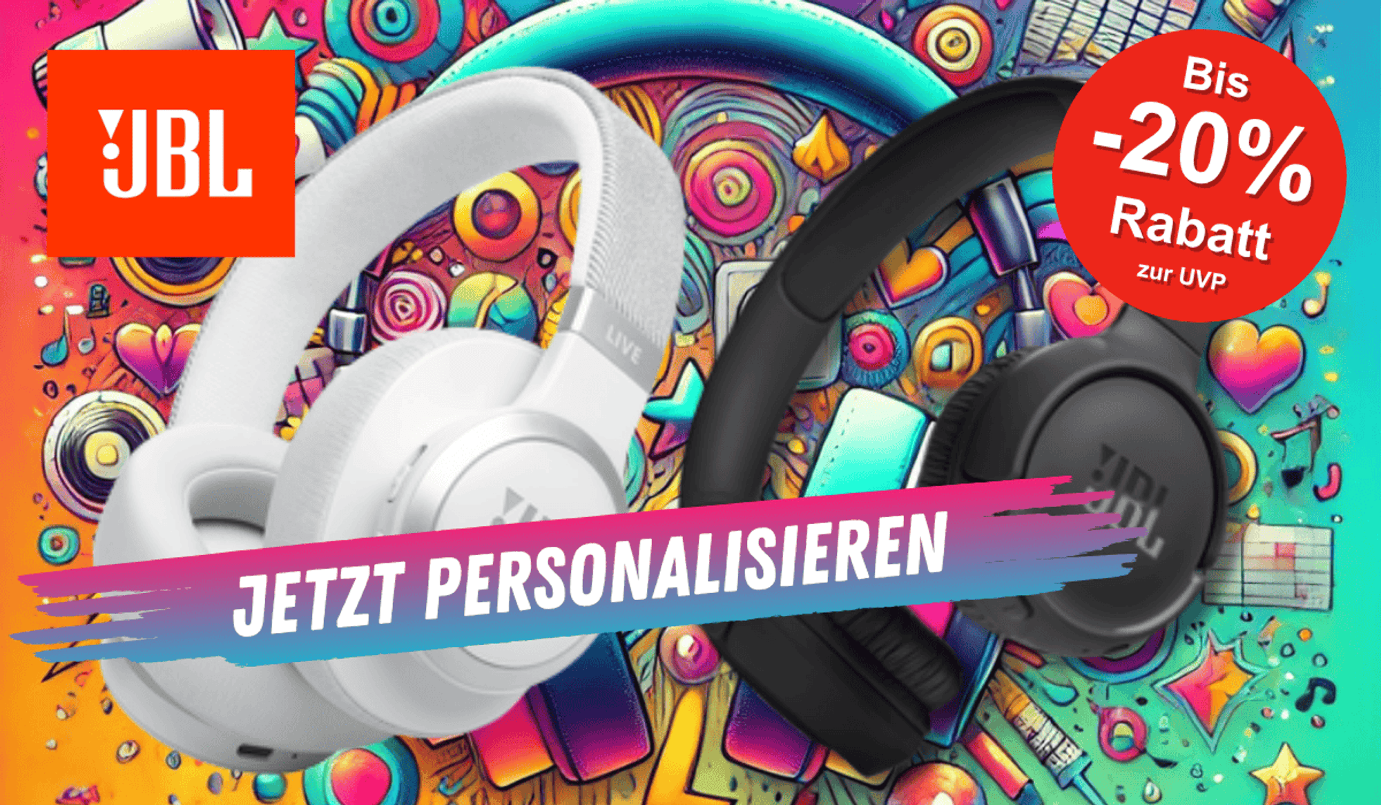 Zwei JBL Kopfhörer – einer in Weiß (JBL Tune 520) und einer in Schwarz (JBL Tune 520) – vor einem farbenfrohen, musikalischen Hintergrund.