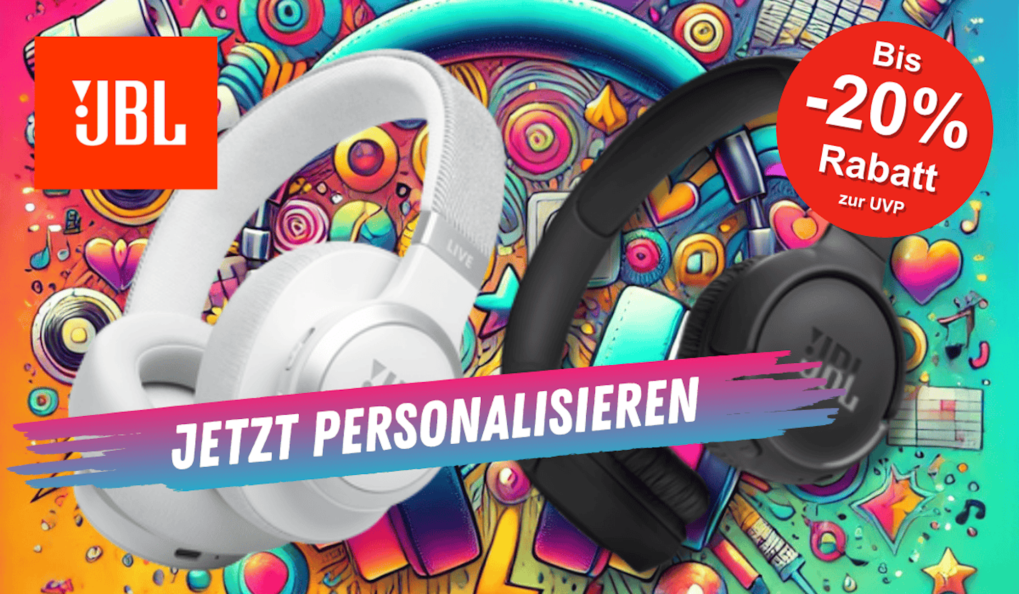 Zwei JBL Kopfhörer – einer in Weiß (JBL Tune 520) und einer in Schwarz (JBL Tune 520) – vor einem farbenfrohen, musikalischen Hintergrund.