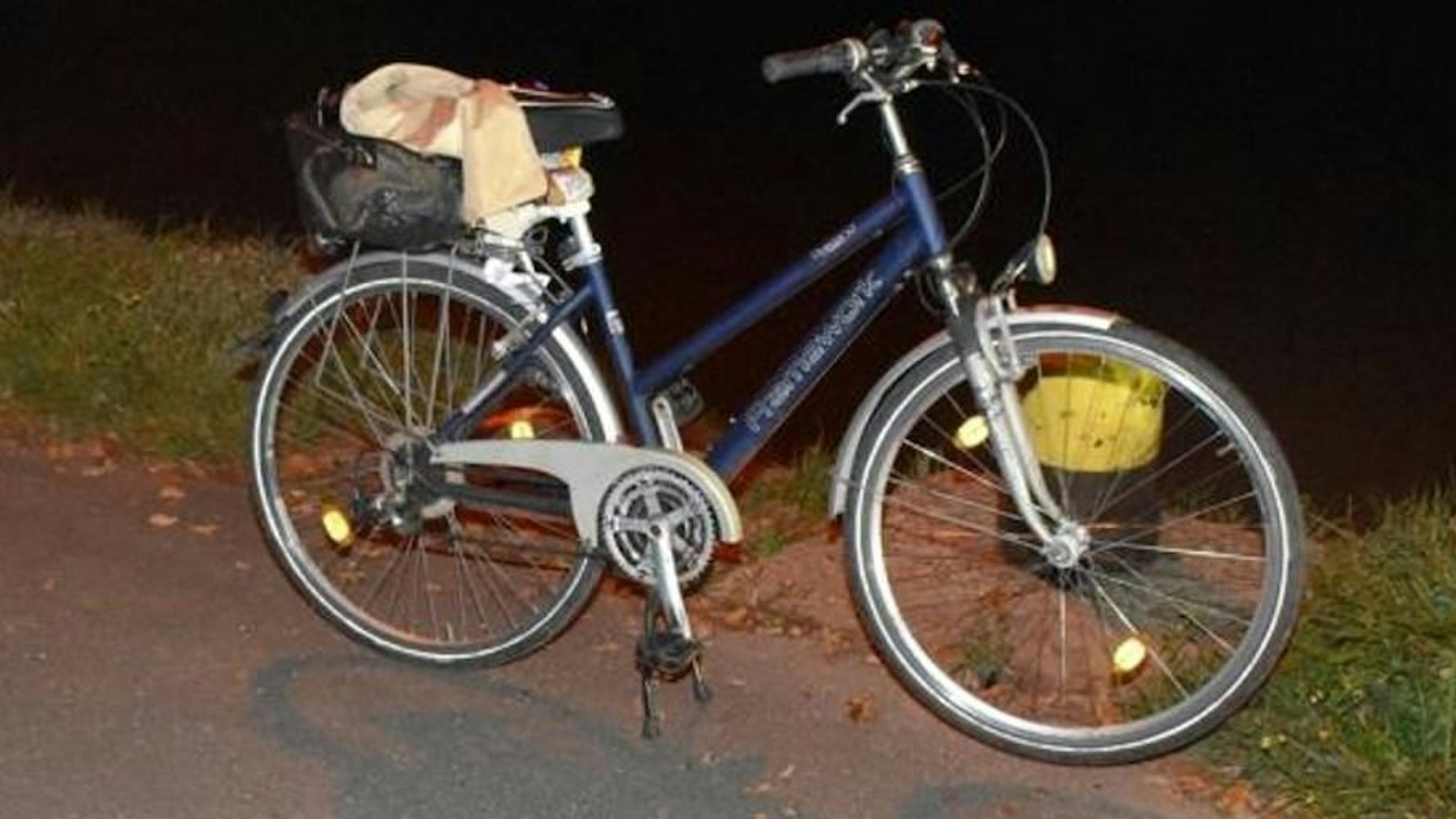 Ein blaues Damenfahrrad mit Korb auf dem Gepäckträger.