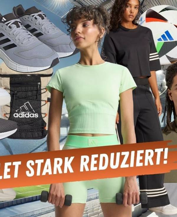 adidas Sneaker und Sportbekleidung mit weiblichen und männlichen Models mit adidas Fashion. Im Hintergrund ein Sportstadion am Tag.