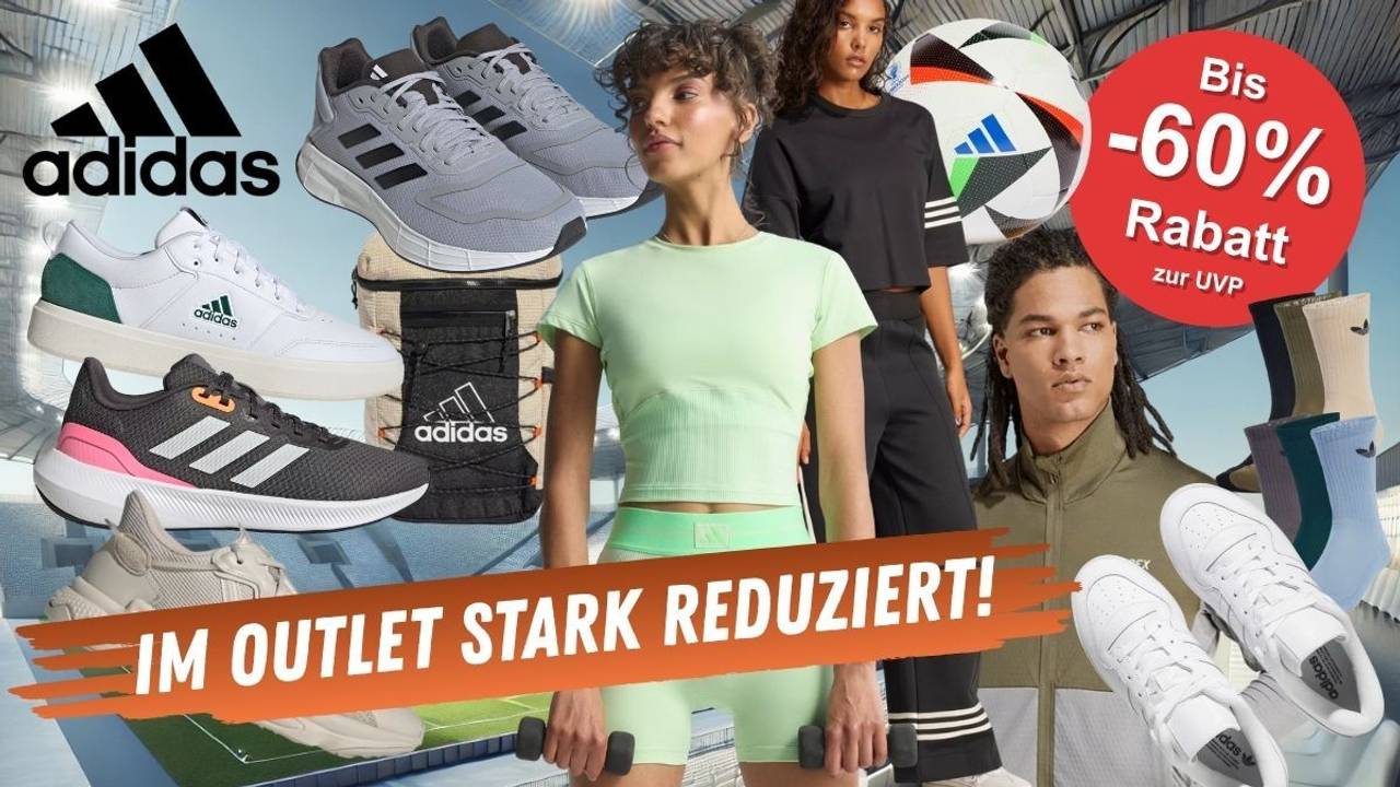 adidas Sneaker und Sportbekleidung mit weiblichen und männlichen Models mit adidas Fashion. Im Hintergrund ein Sportstadion am Tag.