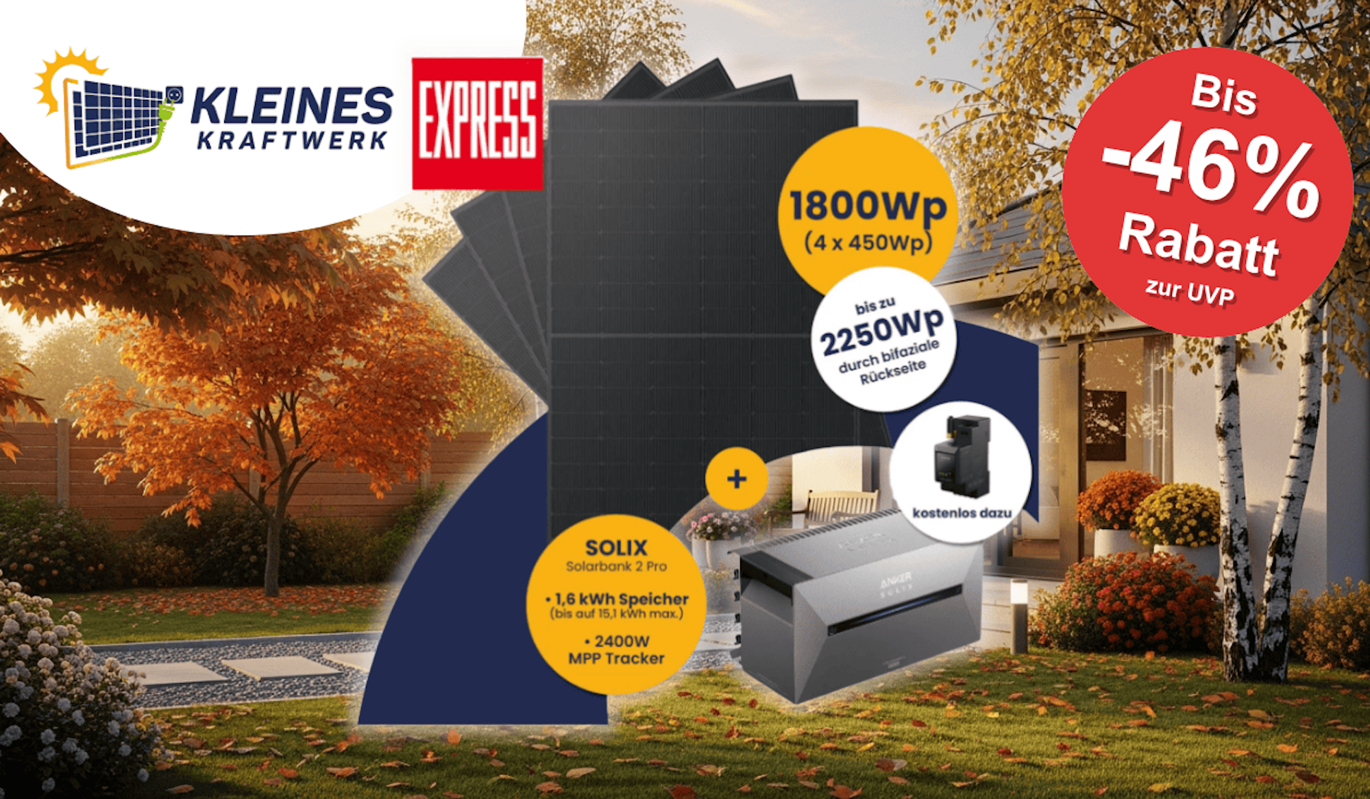 Das Bild zeigt das Kleine Kraftwerk Quattro Balkonkraftwerk mit Anker Solarbank 2 Pro. Im Hintergrund ist ein Garten und Haus im Herbst mit bewölktem Himmel und goldenen Pflanzen zu sehen.