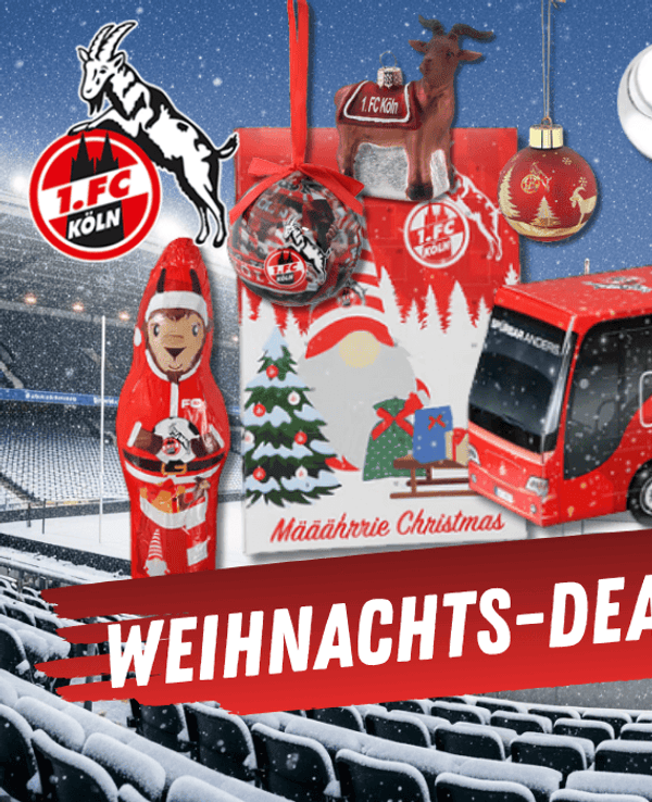 Verschiedene FC Artikel wie Adventskalender, Kleidung, Weihnachtskugeln und ein Schoko-Hennes vor einem verschneiten Stadion Hintergrund.