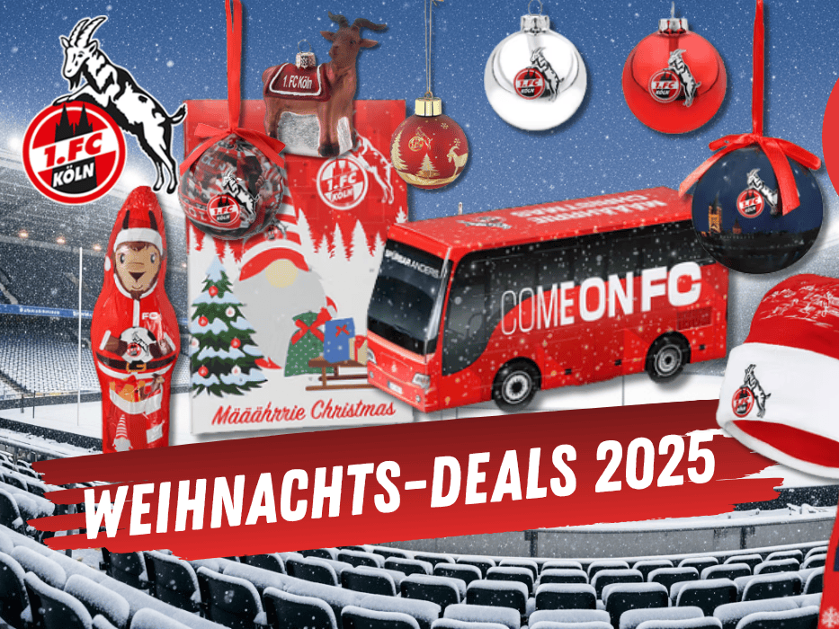 Verschiedene FC Artikel wie Adventskalender, Kleidung, Weihnachtskugeln und ein Schoko-Hennes vor einem verschneiten Stadion Hintergrund.