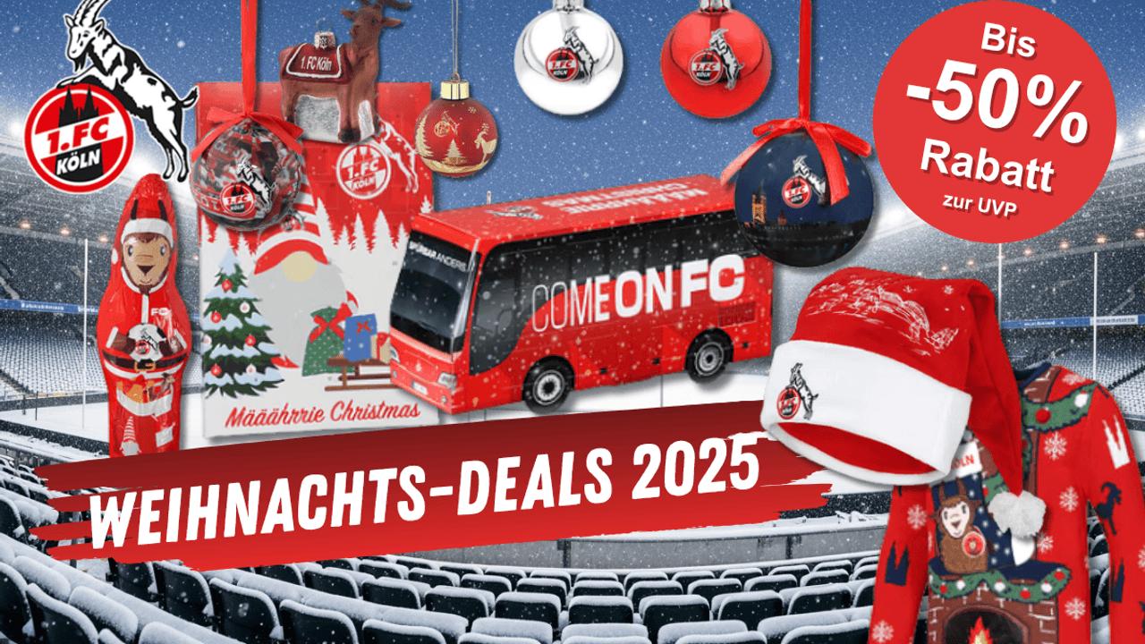 Verschiedene FC Artikel wie Adventskalender, Kleidung, Weihnachtskugeln und ein Schoko-Hennes vor einem verschneiten Stadion Hintergrund.