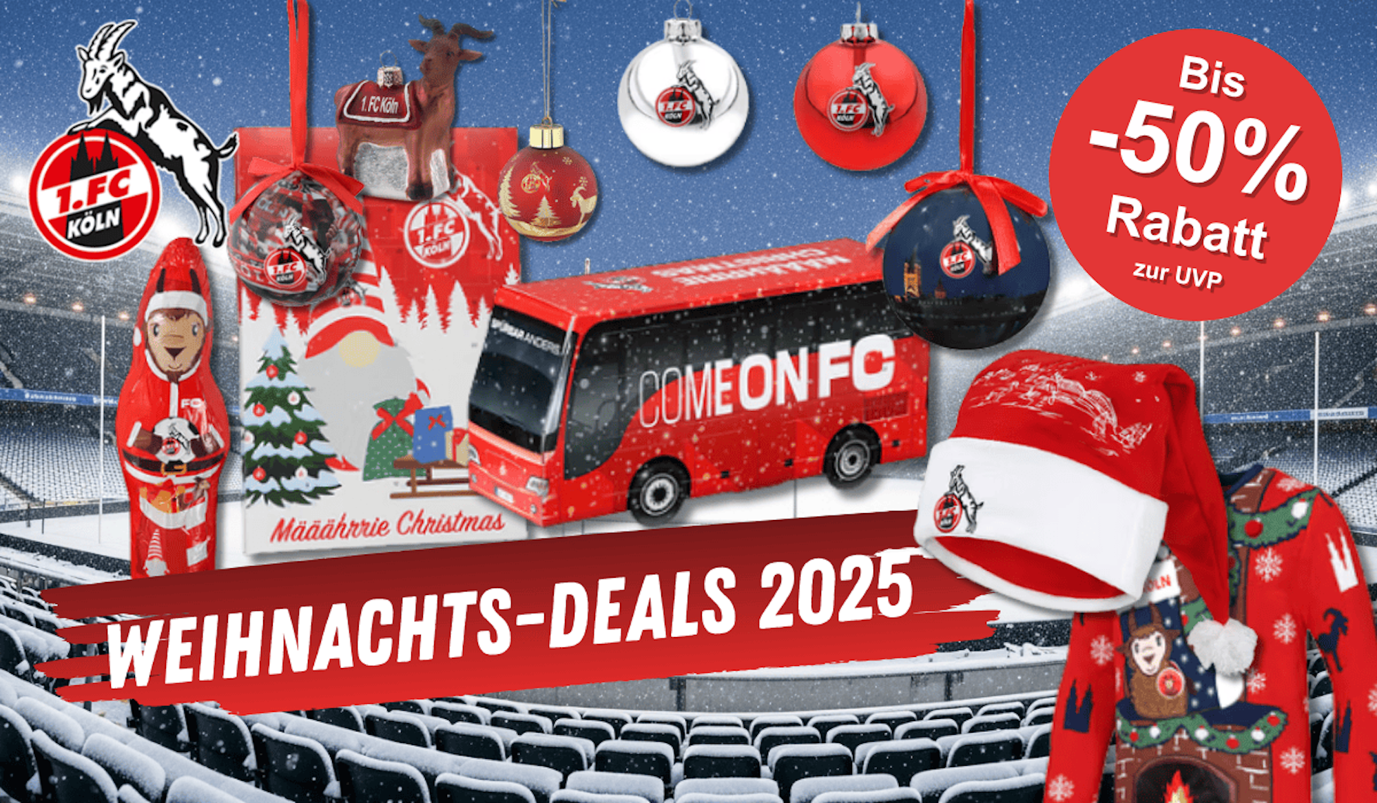Verschiedene FC Artikel wie Adventskalender, Kleidung, Weihnachtskugeln und ein Schoko-Hennes vor einem verschneiten Stadion Hintergrund.