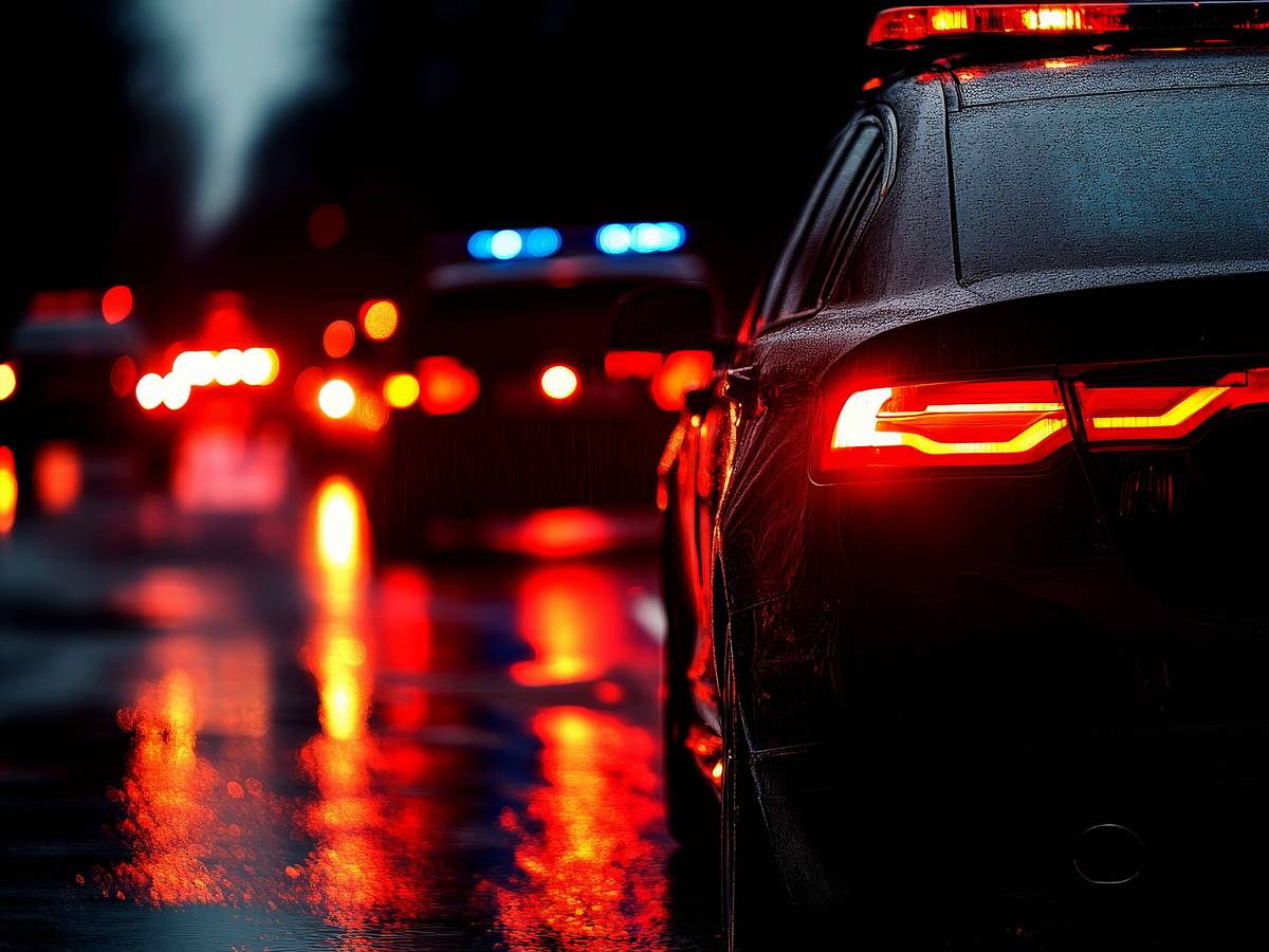 Unscharfer Hintergrund mit blinkenden Polizeilichtern am Tatort.