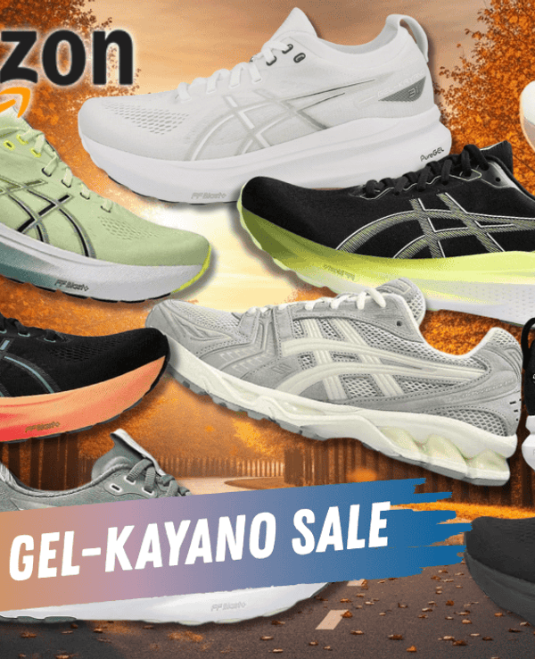 Verschiedene Ausführungen von den Asics Gel-Kayano Sneakern vor einem herbstlichen Hintergrund.