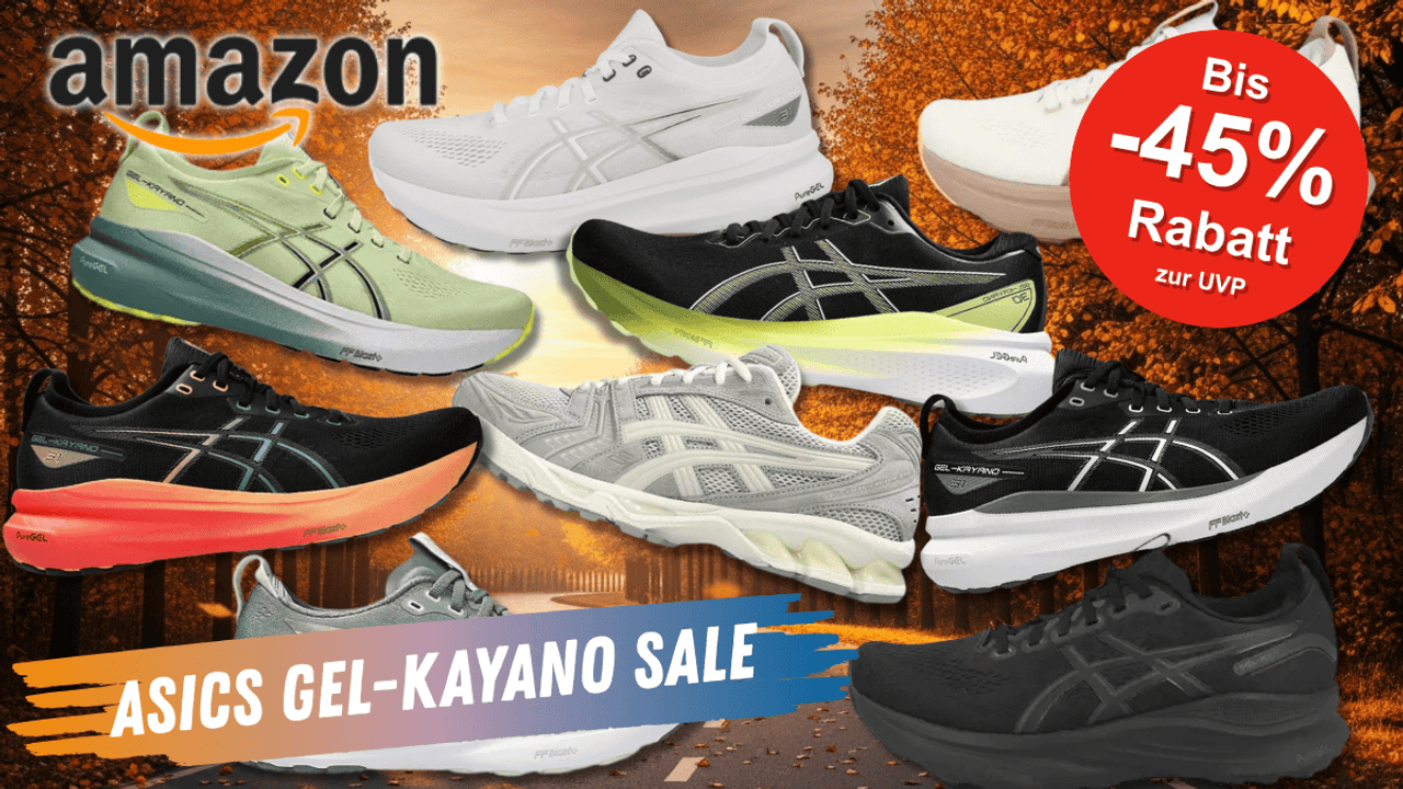 Verschiedene Ausführungen von den Asics Gel-Kayano Sneakern vor einem herbstlichen Hintergrund.