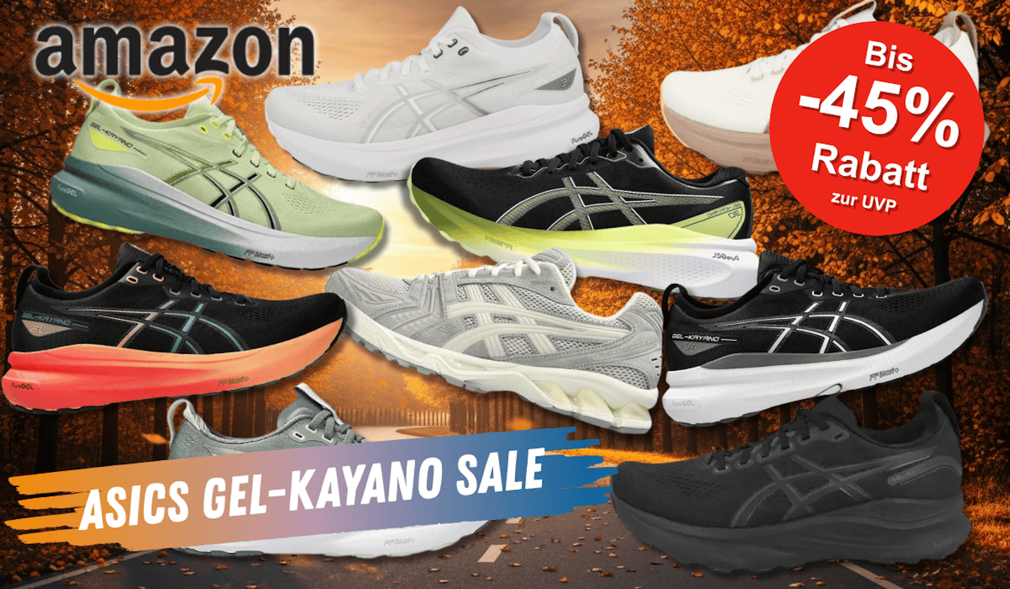 Verschiedene Ausführungen von den Asics Gel-Kayano Sneakern vor einem herbstlichen Hintergrund.