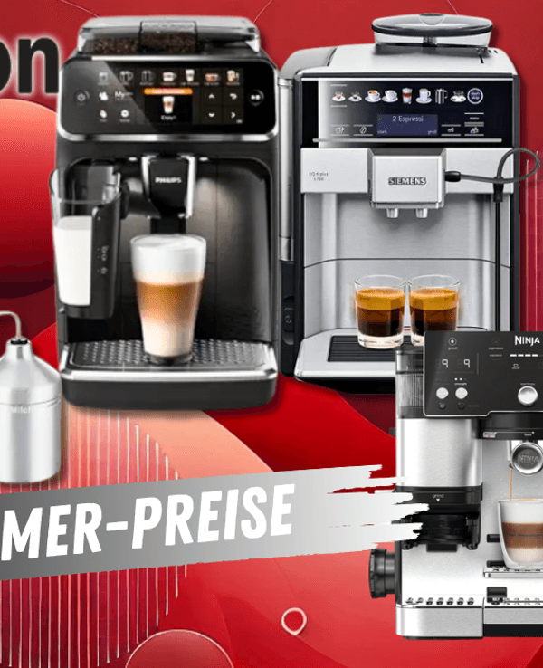 Auf dem Bild sind Kaffeevollautomaten diverser Marken auf einem schwarz, roten Hintergrund zu sehen.