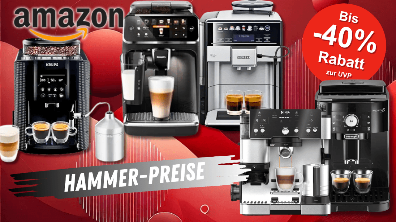 Auf dem Bild sind Kaffeevollautomaten diverser Marken auf einem schwarz, roten Hintergrund zu sehen.