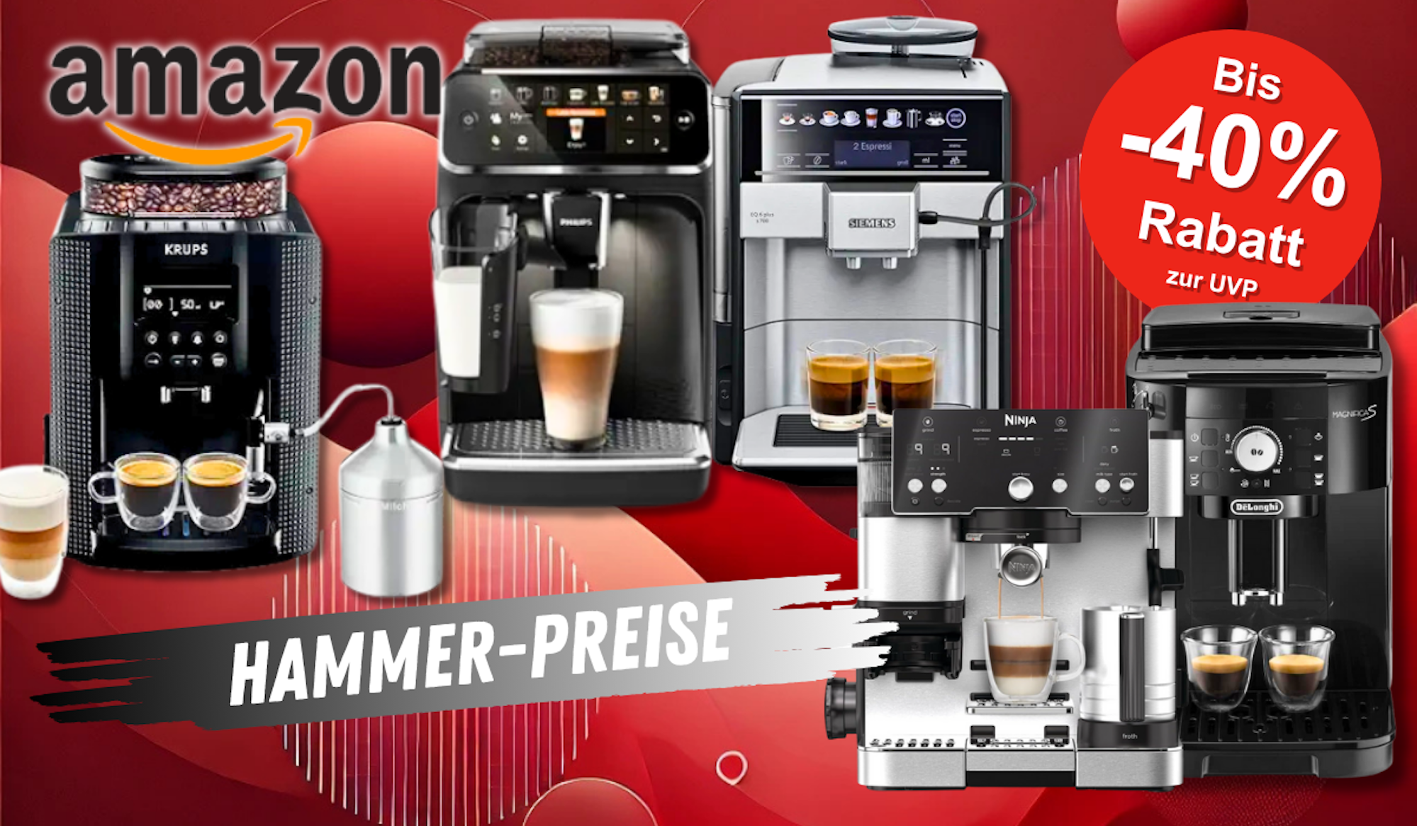 Auf dem Bild sind Kaffeevollautomaten diverser Marken auf einem schwarz, roten Hintergrund zu sehen.