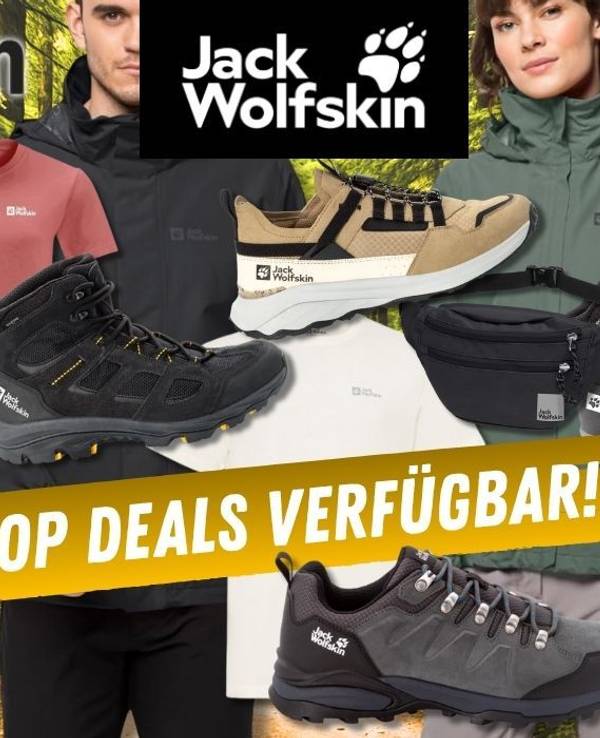 Outdoor Fashion von Jack Wolfskin vor dem Hintergrund eines Waldes mit Weg.