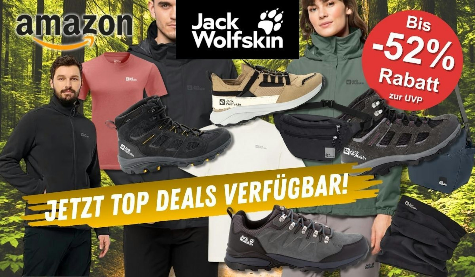 Outdoor Fashion von Jack Wolfskin vor dem Hintergrund eines Waldes mit Weg.