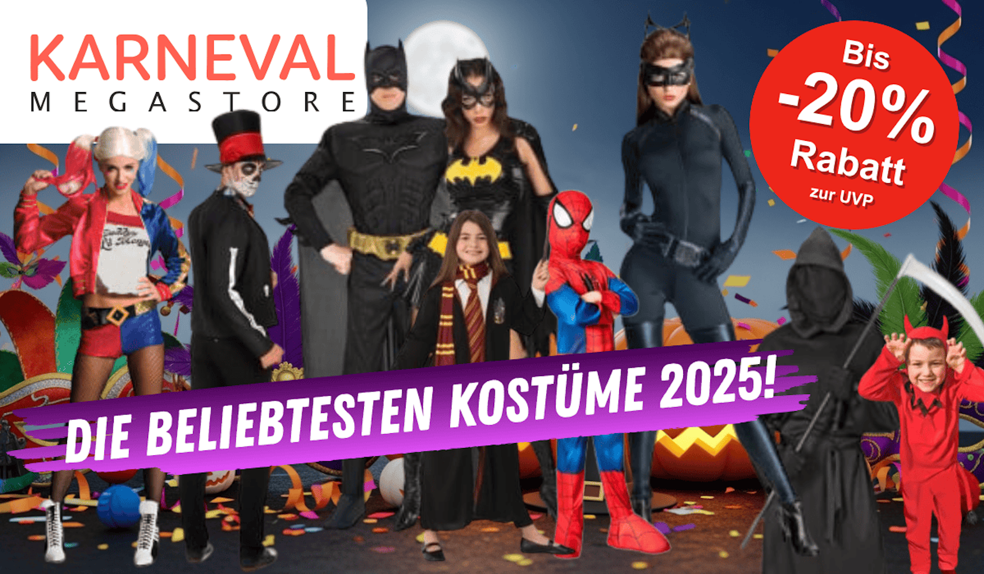 Bunte Collage mit beliebten Karnevals- und Halloween-Kostümen 2025 vor festlicher Kulisse, darunter Superhelden, Zauberer, Grusel- und Comicfiguren, mit Karneval Megastore Logo und Hinweis auf bis zu 20% Rabatt.