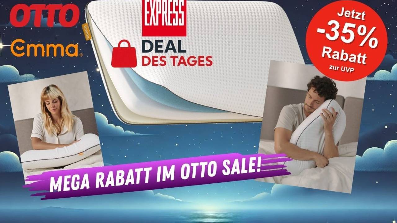 Emma Nackenstützkissen vor einem Bild eines Nachthimmels mit idyllischen Wolken. Dazu je ein Bild von einer Frau und einem Mann im Bett liegend mit Emma Nackenstützkissen.