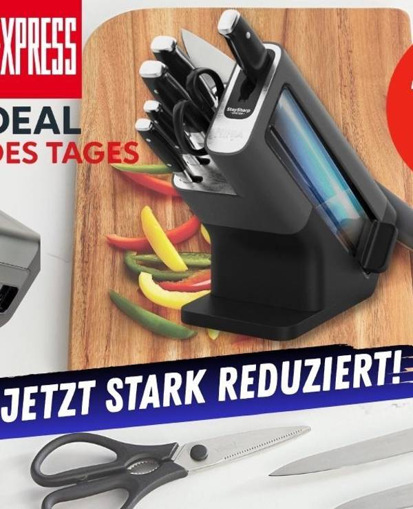 Ninja Foodi StaySharp Messerblock mit integriertem Schleifer vor einem Küchenbrett mit geschnittener Paprika im Hintergrund
