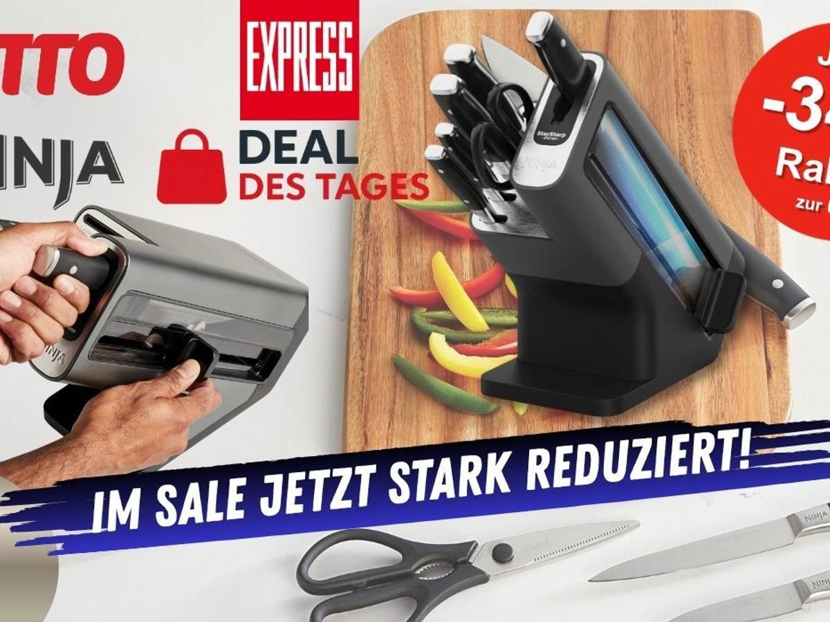 Ninja Foodi StaySharp Messerblock mit integriertem Schleifer vor einem Küchenbrett mit geschnittener Paprika im Hintergrund