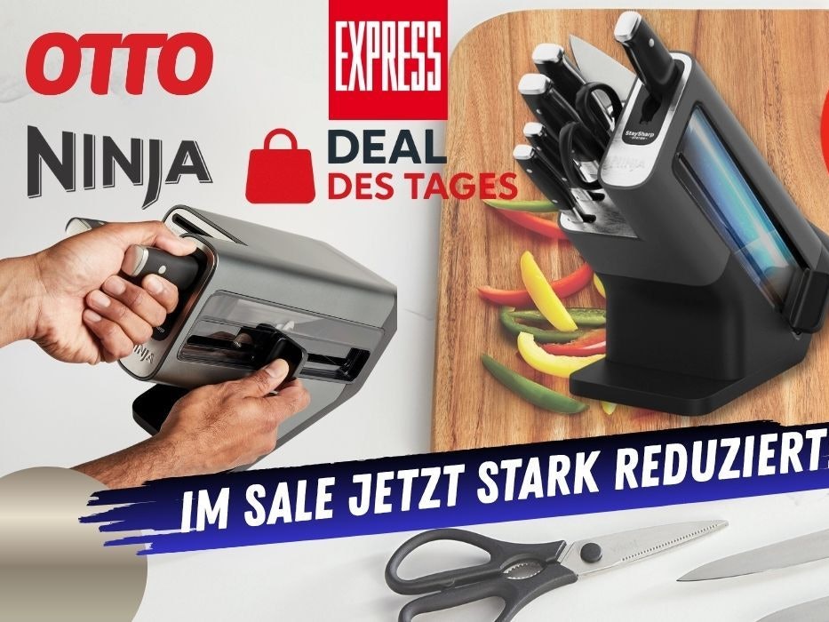 Ninja Foodi StaySharp Messerblock mit integriertem Schleifer vor einem Küchenbrett mit geschnittener Paprika im Hintergrund