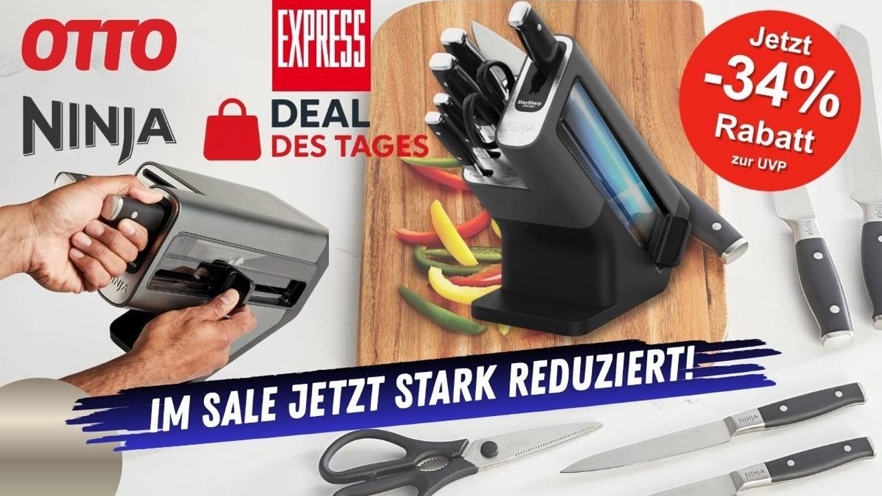 Ninja Foodi StaySharp Messerblock mit integriertem Schleifer vor einem Küchenbrett mit geschnittener Paprika im Hintergrund