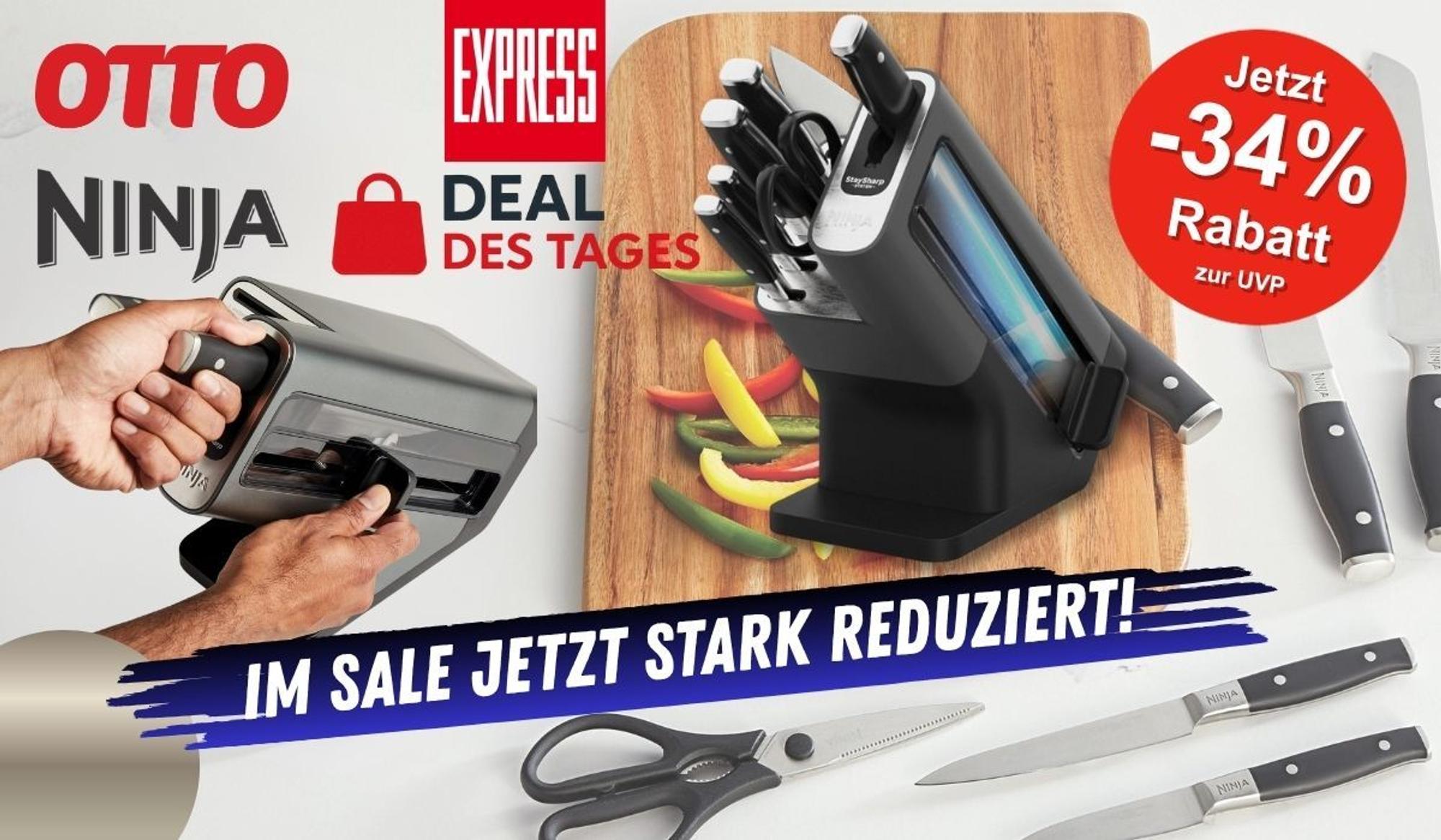 Ninja Foodi StaySharp Messerblock mit integriertem Schleifer vor einem Küchenbrett mit geschnittener Paprika im Hintergrund