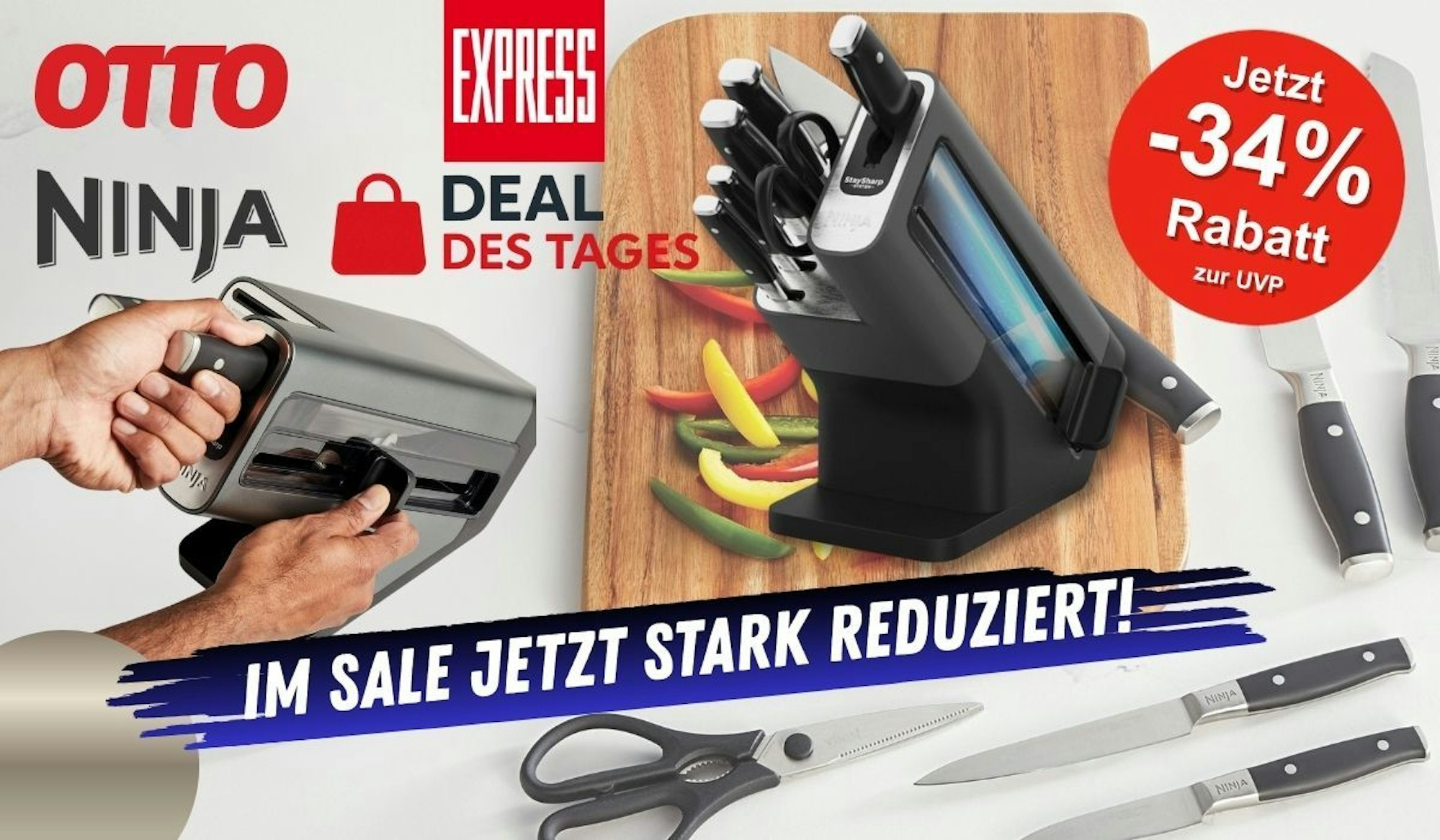 Ninja Foodi StaySharp Messerblock mit integriertem Schleifer vor einem Küchenbrett mit geschnittener Paprika im Hintergrund