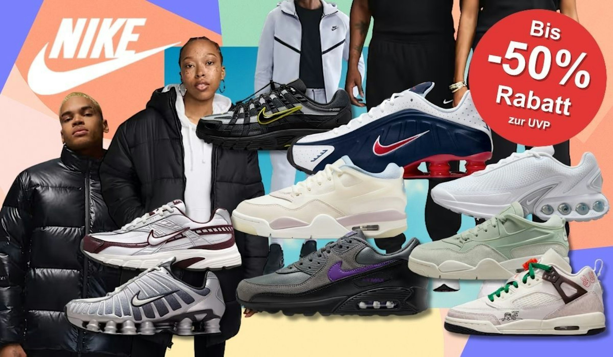 Nike Sneaker und Bekleidung, darunter Modelle wie Shox, Air Max, Air Force 1, Dunk Low, Air Max und Tech Fleece vor einem bunten Hintergrund mit geometrischen Formen.