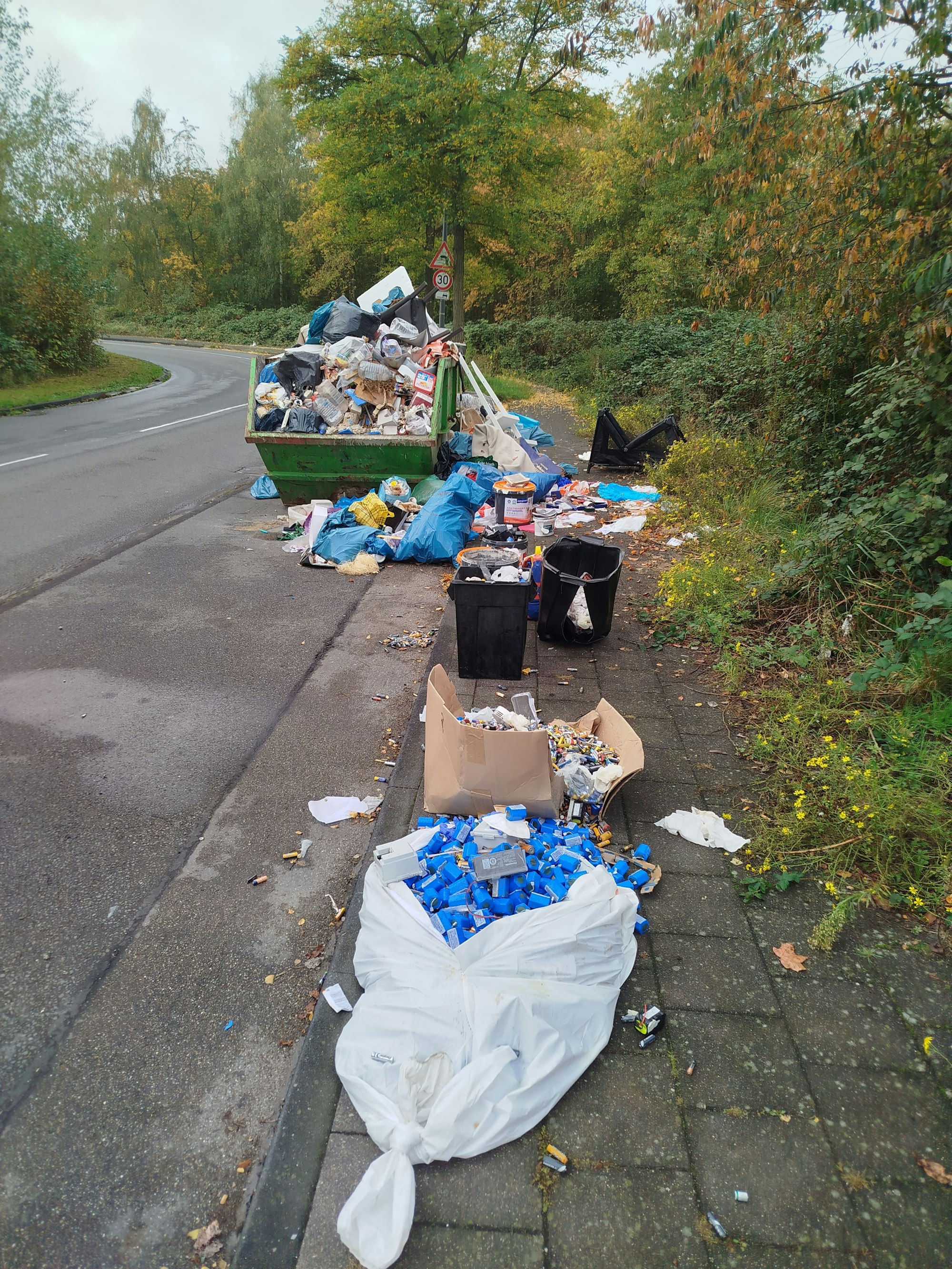Ein ganzer Karton voller alter Batterien wurde auf dem Gehweg abgeladen.