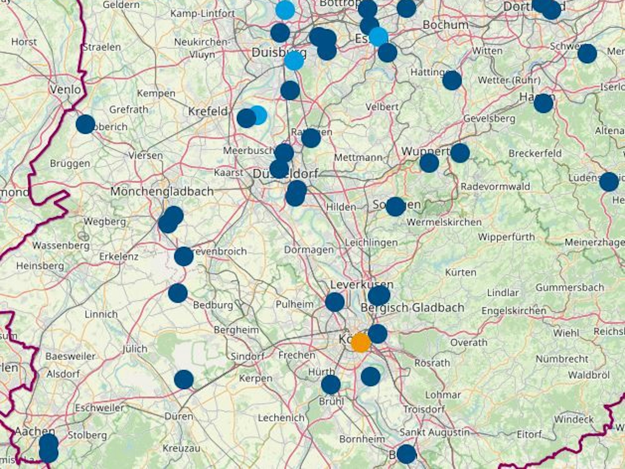 Die Karte zeigt die gute Luftqualität in NRW – nur eine Messstation in Köln fällt auf.
