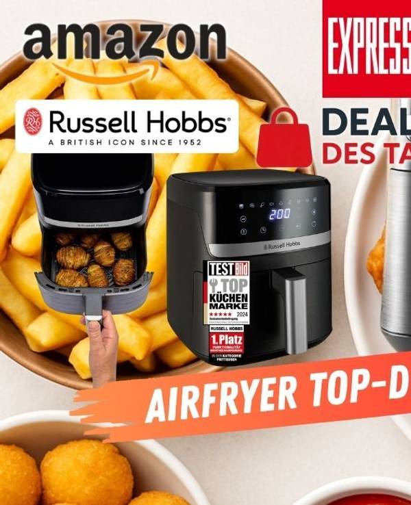 Russell Hobbs Satisfry Heißluftfritteuse XL vor frittierten Speisen mit EXPRESS Deal des Tages Logo.