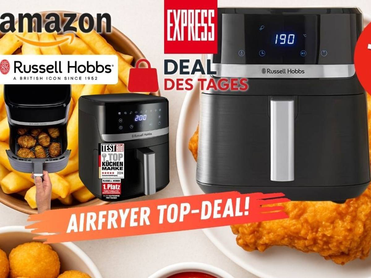 Russell Hobbs Satisfry Heißluftfritteuse XL vor frittierten Speisen mit EXPRESS Deal des Tages Logo.