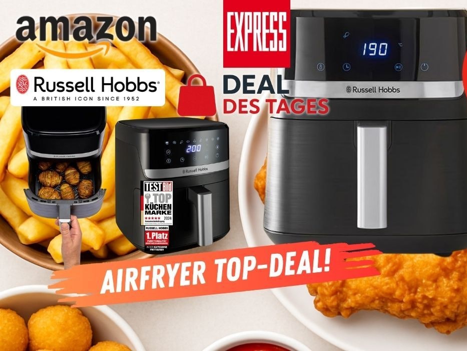 Russell Hobbs Satisfry Heißluftfritteuse XL vor frittierten Speisen mit EXPRESS Deal des Tages Logo.