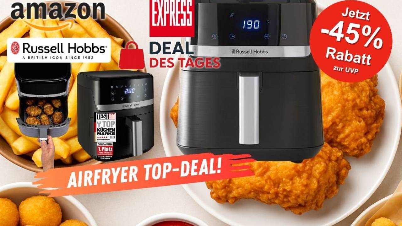 Russell Hobbs Satisfry Heißluftfritteuse XL vor frittierten Speisen mit EXPRESS Deal des Tages Logo.