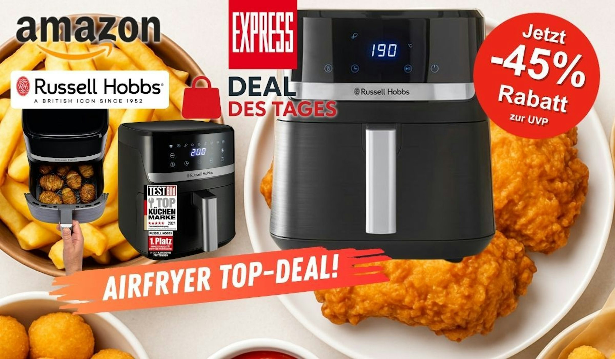 Russell Hobbs Satisfry Heißluftfritteuse XL vor frittierten Speisen mit EXPRESS Deal des Tages Logo.