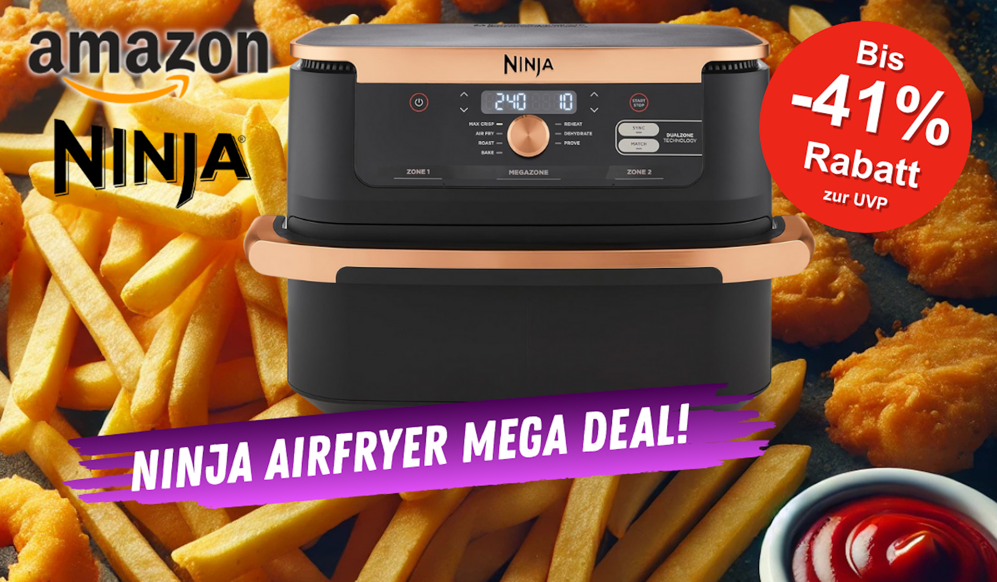 Eine Airfryer Heißluftfritteuse Ninja Foodi FlexDrawer Dual Zone im Design Schwarz Kupfer vor Pommes Frites und Chicken Nuggets und Ketchup in Großaufnahme.