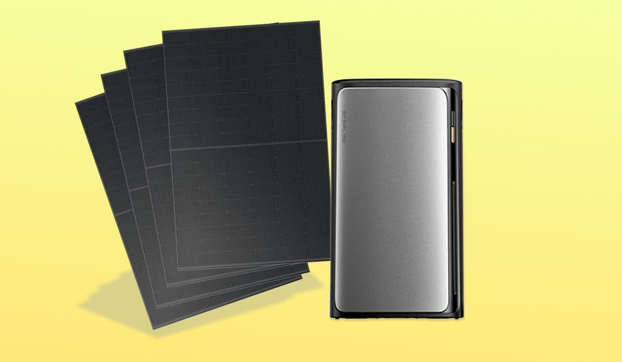 EcoFlow Stream Ultra Speicher mit vier bifazialen 500-Watt-Solarmodulen auf einem Balkon, daneben Smart Meter.